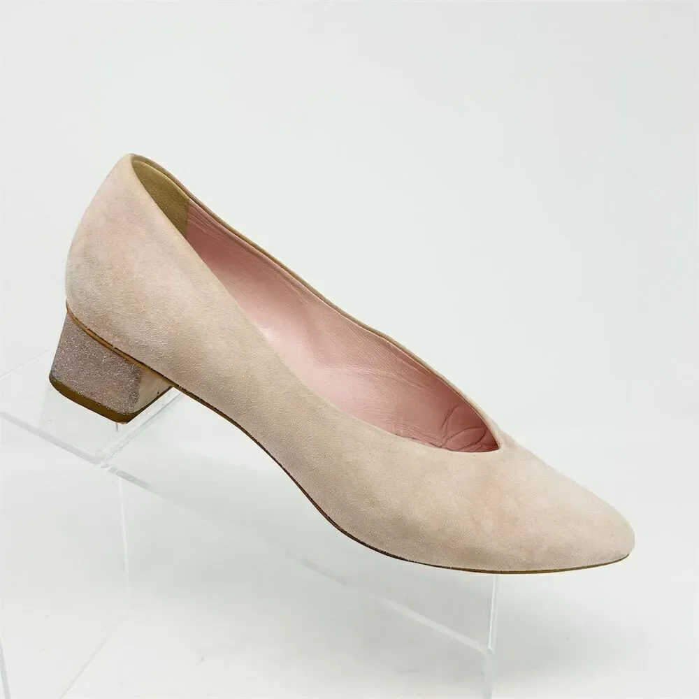 Everlane Women's V Sparkle Heeled Light Blush Pink Suede Block Pumps Size 7